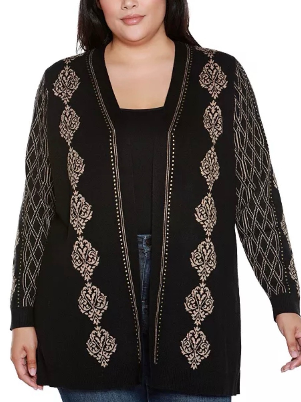 Belldini Black Open-Front Cardigan with Cream Damask Embroidery